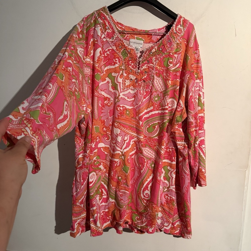 Soft Surroundings Beaded Tunic Top Pink Paisley 3X Resort Boho Festival